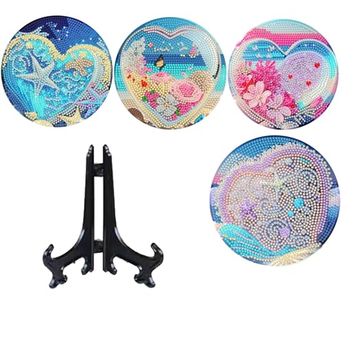 4 Stück Diamond Painting Geschirrmatte Platzset, Holz Wärmedämmungs-Tischset, Anti-Rutsch Diamant Malerei Tischsets Runde mit Aufbewahrungsregal für Esszimmer, Tisch, Küche (07-Ozeanliebe) von Generisch