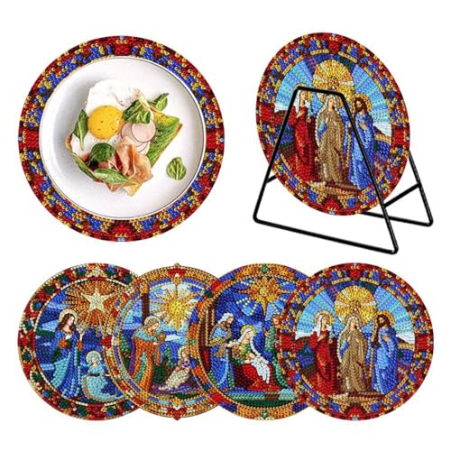 4 Stück Diamond Painting Geschirrmatte Platzset, Holz Wärmedämmungs-Tischset, Anti-Rutsch Diamant Malerei Tischsets Runde mit Aufbewahrungsregal für Esszimmer, Tisch, Küche (09-Jesus) von Generisch