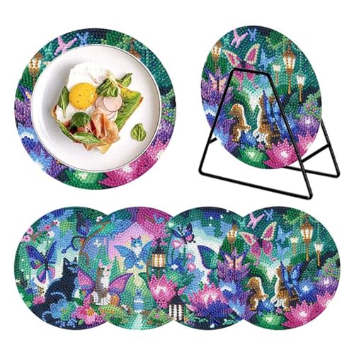 4 Stück Diamond Painting Geschirrmatte Platzset, Holz Wärmedämmungs-Tischset, Anti-Rutsch Diamant Malerei Tischsets Runde mit Aufbewahrungsregal für Esszimmer, Tisch, Küche (10-Kat) von Generisch