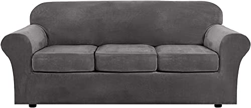 4 Stück Samt Sofabezug Set Elastische Couchbezug für 3-Sitzer-Sofa Dicker Samtstoff Haustier Kratzschutz Sofaschoner mit Sitzkissenbezug von Generisch