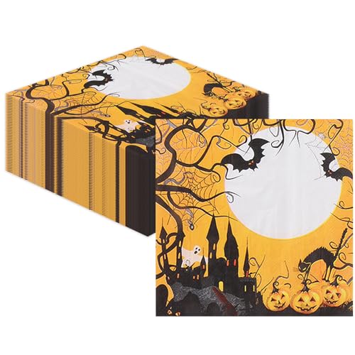 40 Stück Servietten Halloween, Tisch Dekoration, Halloween Servietten, Servietten Herbst Geburtstag Schwarz Orange Servietten mit Gruselig Kürbis Fledermaus Burg Halloween Deko Accessories von Generisch