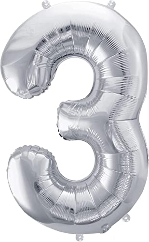 40cm Zahl Ballon 3 silber Deko folienballon 3 Geburtstag Jubiläum Neujahr Silvester 3. Party Dekoration Folienballon Ziffer Ballons silver dunkel Ballon Birthday Feier Babyparty (Zahl 3) von Generisch