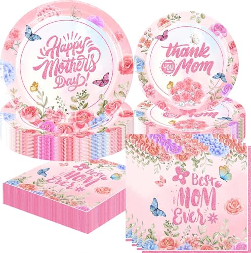 48pcs Muttertag Party Supplies Muttertag Geschirr Set Happy Mother's Day Teller und Servietten für Happy Mother's Day Party Dekorationen Servieren 12 Gäste von Generisch