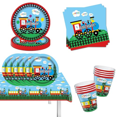 49Pcs Zug Geburtstag Party Supplies,Zug Geburtstag Party Geschirr, Zug Partygeschirr Train Set,Teller Train Kindergeburtstag Deko Auto Pappteller Becher Servietten Tischdeko von Generisch