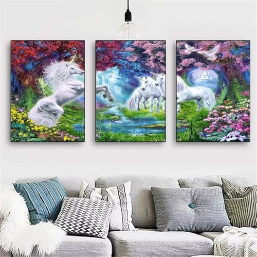 5D Diamant Painting Set, 3 Stück Diamond Painting Bilder, DIY Diamant Malerei Kinder Erwachsene Full Diamond Painting nach Zahlen Diamond Art Kits für Home Wall Décor Einhorn Round 120x60cm Y3880 von Generisch