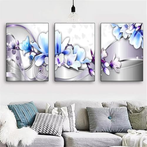 5D Diamant Painting Set,3 Stück Diamond Painting Bilder,DIY Diamant Malerei Kinder Erwachsene Full Diamond Painting nach Zahlen Diamond Art Kits für Home Wall Décor Blaue Blumen Square 180x80cm Y4998 von Generisch