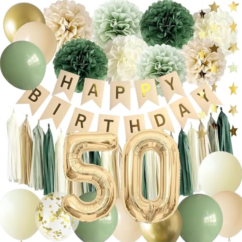 60 Geburtstag Deko Happy Birthday Banner 60 Geburtstag Girlande Zahl 60 Luftballons Geburtstag Tortendeko Grün Weiß Gold Party Ballons für 60.ter Geburtstag Dekoration (50th Birthday) von Generisch