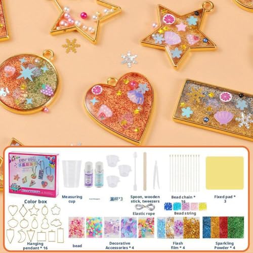 63-teiliges Kunstharz-Schmuck-Set für Kinder im Alter von 8 bis 12 Jahren. Handgefertigter Kristallanhänger, Epoxid-Kits, Anhänger, Kristallharz-Resi von Generisch