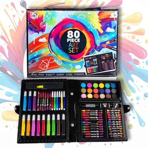 80-teiliges Kunst-Set, Tragetasche mit Buntstiften, Farben, Lineal, Spitzer, Filzstifte von Generisch