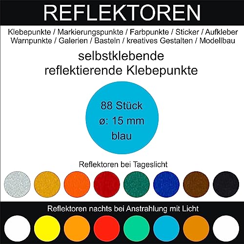 88 Stück Klebepunkte blau reflektierend aus Folie rund 15 mm selbstklebend wetterfest Aufkleber Reflektor Etiketten Sticker Decal Markierungen Organisieren DIY basteln verzieren Geocaching von Generisch