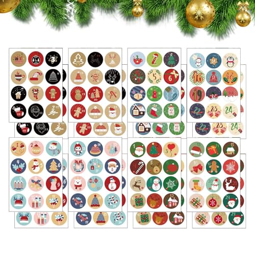 Adventskalender-Aufkleber, 16 X 24 Adventskalender Sticker Zahlen Aufkleber für Weihnachten zum Basteln und Verzieren, Sticker für Kalender zum selber basteln für Weihnachten von Generisch