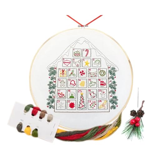 Adventskalender Basteln, Weihnachten Stickerei Kit, Urlaub Adventskalender Stickerei Set, Vorgedruckter Stoff mit 12 Zoll Reifen, Faden, Nadel und Kiefer Baum Ornament für Saisonale Handwerk von Generisch