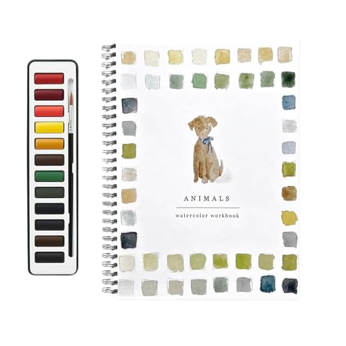 Aquarell Arbeitsbuch, 12 Farben Aquarellfarben-Set mit Pinsel, Anfänger-freundliche Tiere Blumen Aquarell Arbeitsbücher, Aquarellmalerei Kunst Zeichnung Buch für Kinder Erwachsene Anfänger von Generisch