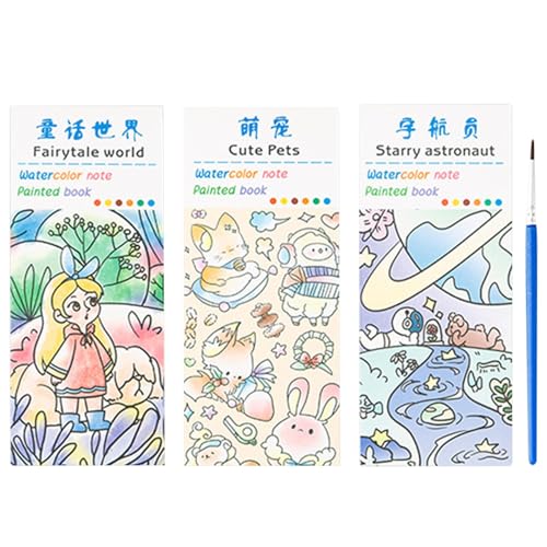 Aquarellbuch für Kinder,Aquarellbuch für Kinder | Lustiges farbiges Zeichenbuch | Lustiges Aquarell-Malpapier mit Pinsel, Aquarell-Malbuch-Set mit 3 Themen von Generisch