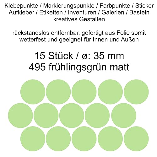 Aufkleber Etiketten Klebepunkte aus Folie 15 Stück grün frühlingsgrün matt rund 35 mm selbstklebend farbig wetterfest Decal Markierungen Organisieren DIY basteln verzieren Modellbau Scrapbooking von Generisch