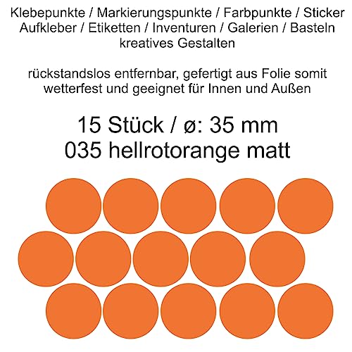 Aufkleber Etiketten Klebepunkte aus Folie 15 Stück orange pastellorange matt rund 35 mm selbstklebend farbig wetterfest Decal Markierungen Organisieren DIY basteln verzieren Modellbau Scrapbooking von Generisch