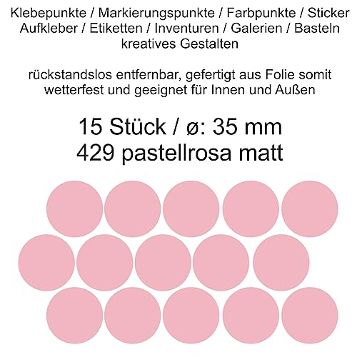 Aufkleber Etiketten Klebepunkte aus Folie 15 Stück rosa pastellrosa matt rund 35 mm selbstklebend farbig wetterfest Decal Markierungen Organisieren DIY basteln verzieren Modellbau Scrapbooking von Generisch