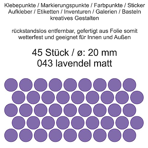 Aufkleber Etiketten Klebepunkte aus Folie 45 Stück lavendel matt rund 20 mm selbstklebend farbig wetterfest Decal Markierungen Organisieren DIY basteln verzieren Modellbau Scrapbooking von Generisch