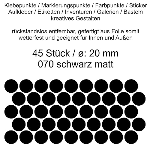 Aufkleber Etiketten Klebepunkte aus Folie schwarz matt/glanz glänzend/metallic Durchmesser 5mm/10mm/15mm/20mm/25mm/30mm/35mm selbstklebend farbig wetterfest (Schwarz matt, 20 mm) von Generisch