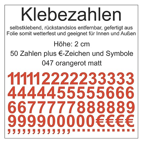 Aufkleber Sticker Klebezahlen Klebezahl Zahlen Zahl Nummern aus Folie 50 Zahlen orange rot orangerot matt Höhe 2 cm selbstklebend wetterfest Nummerierung Preisauszeichnung Beschriftung Modellbau von Generisch