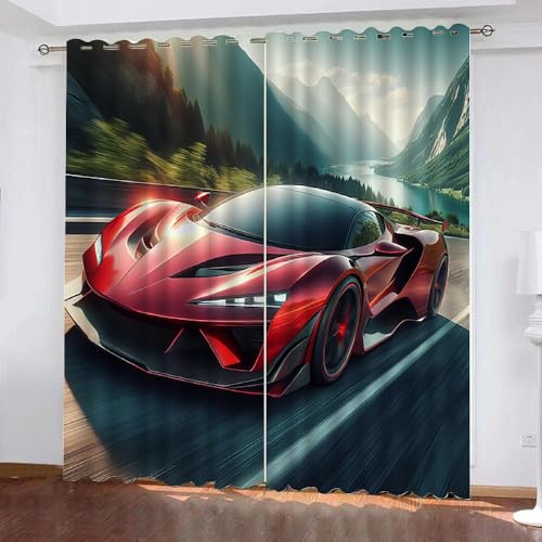 Auto Gardinen Motiv Schwarz Rot Sportwagen 2 Stück H 160Cm X B 70Cm, Vorhang Blickdicht Ösen Kurz,Verdunklungsvorhänge Kinderzimmer Mädchen Jungen,Kinder Vorhang Verdunkelung Für Schlafzimmer,A10 von Generisch