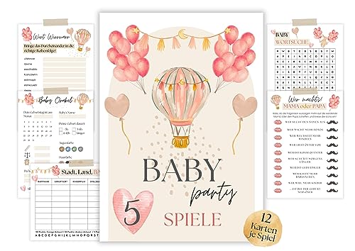 Babyparty Spiele Set Mädchen, 5 lustige Babyshower Spiele (60 Karten), Babyparty Geschenk, Babyshower Spielkarten, Babyparty Ideen, Babyshowerparty von Generisch