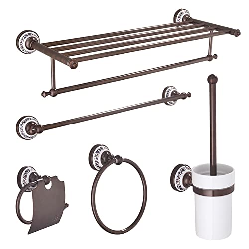 Badezimmer-Hardware-Set aus antikem Messing mit zwei Ebenen, Handtuchhalter, Wandregal, Toilettenpapierhalter, Handtuchring und Haken, braune Farbpalette von Generisch