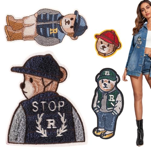 Bären-Stickerei-Patches, Stick-Patches zum Aufbügeln | Cartoon-Bär-Aufnäher zum Aufbügeln,4 Stück bestickte Nähapplikationen, Reparaturflicken für Kleidung, T-Shirts, Jacken, Rucksäcke, Jeans, Hüte, K von Generisch