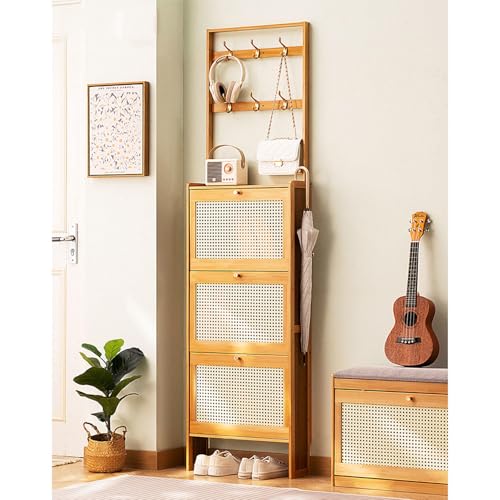 Bambus-Schuhschrank mit Haken und Klappschubladen, schmal, freistehend, Schuh-Organizer und Garderobe für den Eingangsbereich, schmales Schuhregal, Schrank für Flur, 2-in-1-Schuhschrank, A 50 x 17 x von Generisch