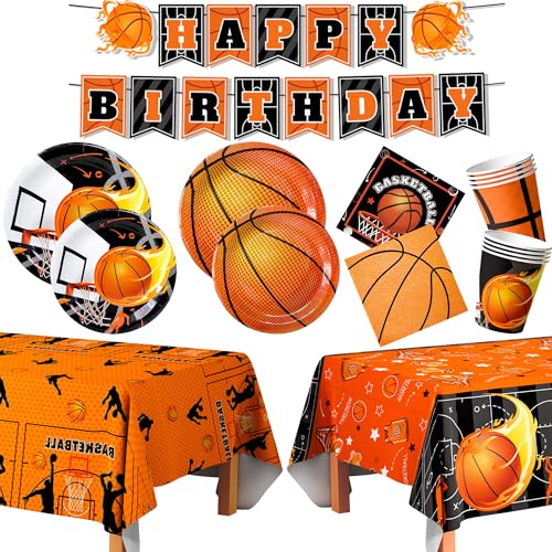 Basketball-Partygeschirr, Basketball-Geburtstagsgeschirr – Basketballteller und ServiettenTischdecken & Basketball-Happy Birthday-Banner usw. Basketball-Themen-Geschirr für von Generisch