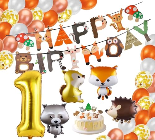 Bauernhoftiere / Wildtiere Kinder Geburtstag 1 Deko Set Wald Tiere Fuchs Igel Eichhörnchen 1 gold Waschbär Folienballon Latexballons Ballon Kuchen Dekoration Herbst Party jungle (Zahl 1) von Generisch