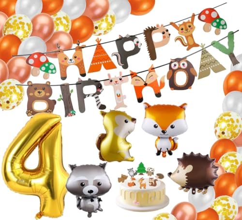 Bauernhoftiere / Wildtiere Kinder Geburtstag 4 Deko Set Wald Tiere Fuchs Igel Eichhörnchen 4 gold Waschbär Folienballon Latexballons Ballon Kuchen Dekoration Herbst Party jungle (Zahl 4) von Generisch