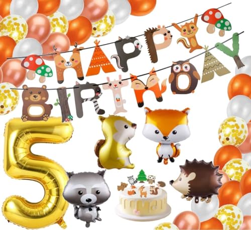 Bauernhoftiere / Wildtiere Kinder Geburtstag 5 Deko Set Wald Tiere Fuchs Igel Eichhörnchen 5 gold Waschbär Folienballon Latexballons Ballon Kuchen Dekoration Herbst Party jungle (Zahl 5) von Generisch