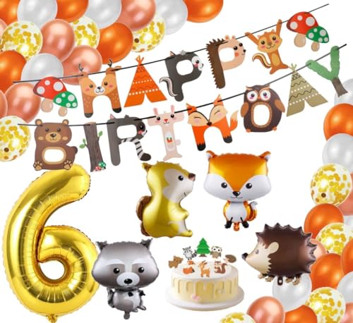 Bauernhoftiere / Wildtiere Kinder Geburtstag 6 Deko Set Wald Tiere Fuchs Igel Eichhörnchen 6 gold Waschbär Folienballon Latexballons Ballon Kuchen Dekoration Herbst Party jungle (Zahl 6) von Generisch