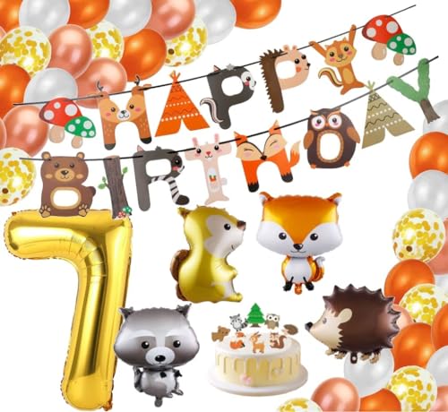 Bauernhoftiere / Wildtiere Kinder Geburtstag 7 Deko Set Wald Tiere Fuchs Igel Eichhörnchen 7 gold Waschbär Folienballon Latexballons Ballon Kuchen Dekoration Herbst Party jungle (Zahl 7) von Generisch