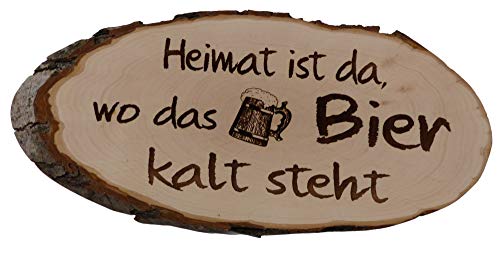 Baumscheibe Rindenscheibe 27-32 cm Spruch Heimat ist da, wo das Bier kalt steht Gravur Schild Geschenk Holz Erle unbehandelt + Aufhänger von Generisch