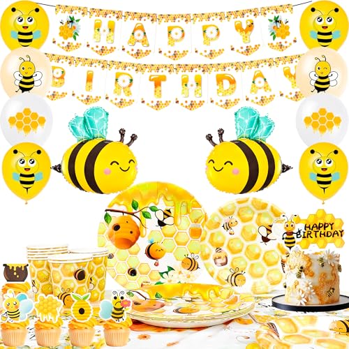 Biene Party Dekorationen,69 Pcs Biene Geburtstagsdeko&Biene Party Tableware Set - Biene Geburtstag Banner Luftballons etc Hummel Party Dekorationen von Generisch