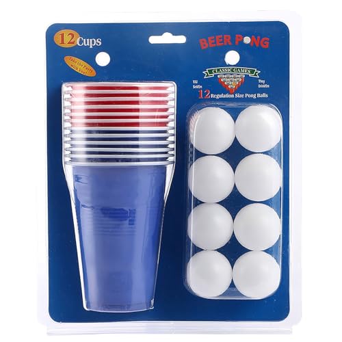 Bierpong Becher Set,Beerpong Partybecher Enthält 12 Becher (500ML) und 12 Tischtennisbälle,mehrwegbecher,Für Party Trinkspiele,Party Geburtstag Festivals Hochzeit Camping (Weiße Bällen) von Generisch