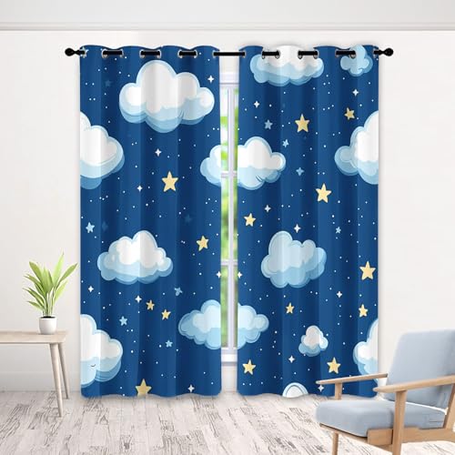 Blaue Sternenhimmel Vorhang, Wohnzimmer Schlafzimmer Blickdichte Vorhänge, Cartoon Wolken Gardinen, mit Ösen Verdunkelungsvorhang, Vorhänge 2er Set, 300x280 cm von Generisch