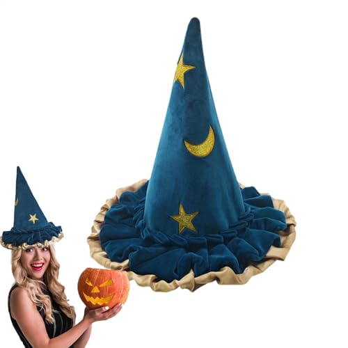 Blauer Hexenhut | Zauberer für Damen, Erwachsene, Kostüm, Cosplay, Partyhut, Stern-Mond-Muster, Spitzhut, breite Krempe, Zaubererhut, Halloween-Party, Maskerade, Cosplay-Kostüme von Generisch