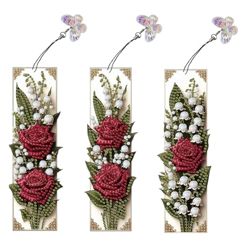 Blumen Diamond Painting Lesezeichen,Geschenke 5D Diamant Painting Bookmarks Herstellungsset Mädchen Geschenke Mitgebsel zum Geburtstag Abschluss für Schüler Buchliebhaber Jugendliche-Rose von Generisch