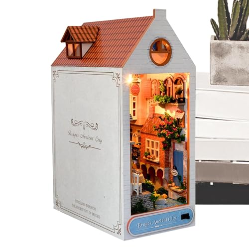 Book Nook Kit | 3D-Holzpuzzle-Buchecken zum Bauen für Erwachsene, Modellbausatz, Puzzle-Miniatur-Buchecken-Sets mit LED-Lichtern, 3D-Holzpuzzle-Buchstützen zum Basteln für Erwachsene von Generisch