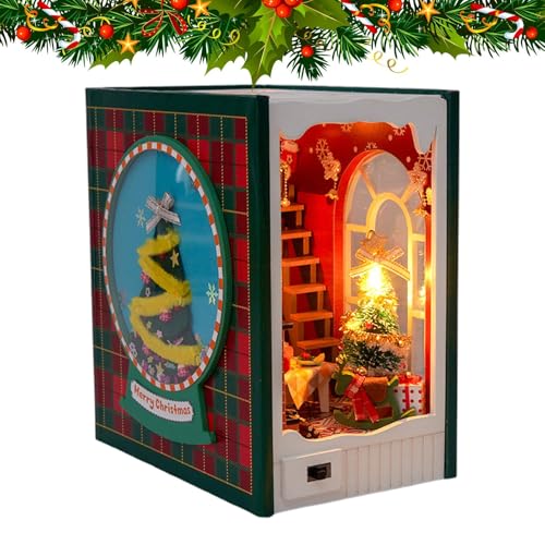 Book Nook Kits für Erwachsene, Miniatur-Weihnachtshaus-Buchecken-Kit, 3D-Holz-Baukasten, Motiv: Frohe Weihnachten, Modellbau, Bücherregal-Dekor, Miniaturhaus-Set mit LED-Licht für Mädchen von Generisch