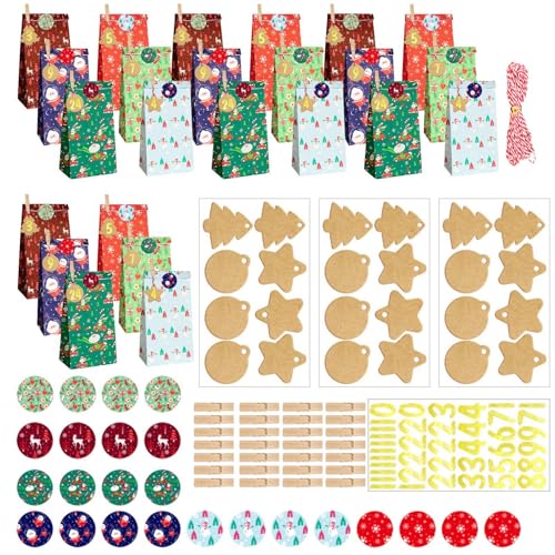 Bulk Weihnachtstüten - Weihnachten Zubehör Wrapping Sacks | Weihnachten Papiertüte Geschenke Verpackung Beutel, Weihnachten Adventskalender Geschenktüte, 24 Sets Candy Bag Kekstüte mit Versiegelung von Generisch