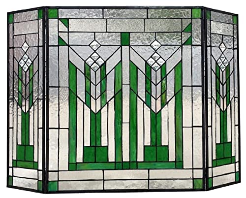 Buntglas-Kaminschutz, 96,5 cm, grüner Stil, 3-teilig, zusammenklappbar, dekorativ, mit schöner Landschaft, flacher Kamingitter, Dekoration von Generisch