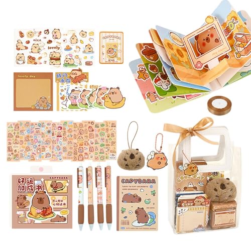 Capybara-Briefpapier-Set, Capybara-Briefpapier-Set,Niedliche Capybara-Bleistifte, Schulbedarf | Niedliches Briefpapier-Set, Capybara, Haftnotizen, Stifte, Aufkleber, Bleistiftbeutel für Kinder, Schule von Generisch