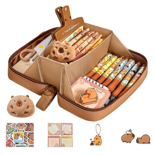 Capybara-Briefpapier-Set, Tier-Briefpapier-Set enthält Capybara-Federmäppchen mit breiter Öffnung, 20 Aufkleber, 1 Notizblock, 1 Schlüsselanhänger, 2 Broschen und 1 Puppe, niedliches Capybara von Generisch