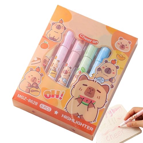 Capybara Highlighters, Pastel Fluorescent Marker, Marker Pens, Chisel Tip Highlighting Set of 6, Fun Stationery for Students, Office, School Supplies, von Generisch