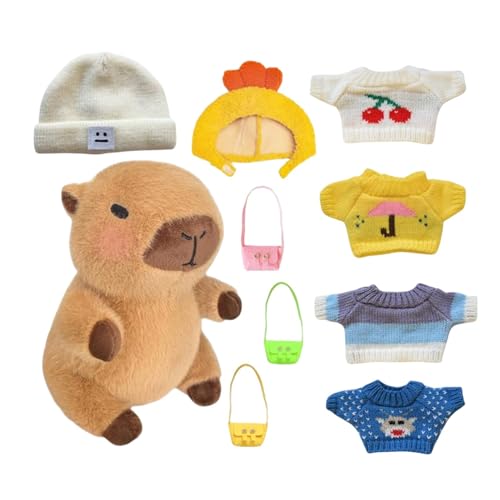 Capybara Kuscheltier mit 9 Teiliger Kleidung | 23 cm Capybara Plüschtier | Squishy Capybara Wurfkissen zum Sammeln für Mädchen und Jungs | Niedliches Capybara Plüsch Puppen Spielzeug für Kinder von Generisch