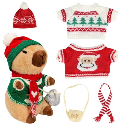 Capybara Plüschtier, Weihnachtskuscheltiere - Capybara Plüsch Mit Kleidung Und Zubehör, Dress Up Capybara Plushies Puppe, Süßes Kuscheltier-Capybara-Kissen Mit 9 Kleidungsstücken Und Accessoires von Generisch